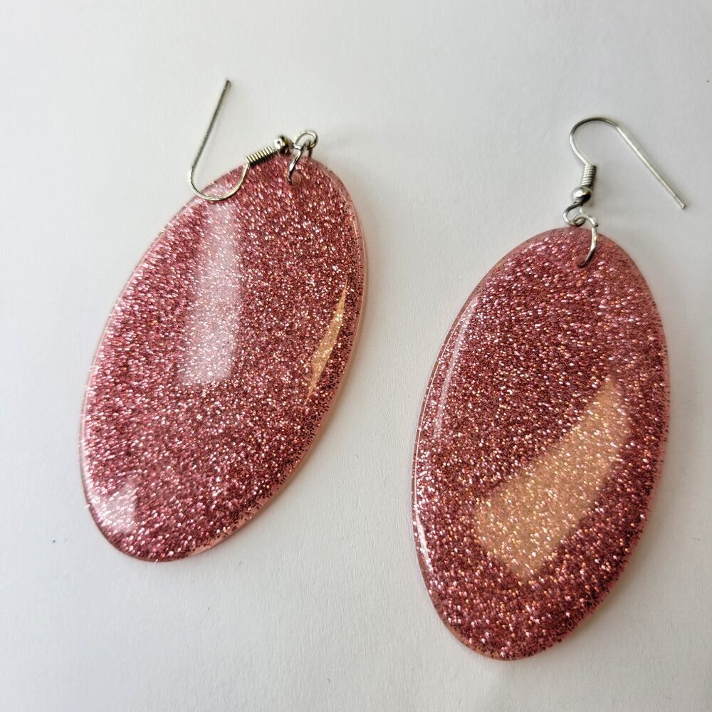 Pink Glitter Earrings Oval Dangle Sparkly Earrings Light Pink Earrings